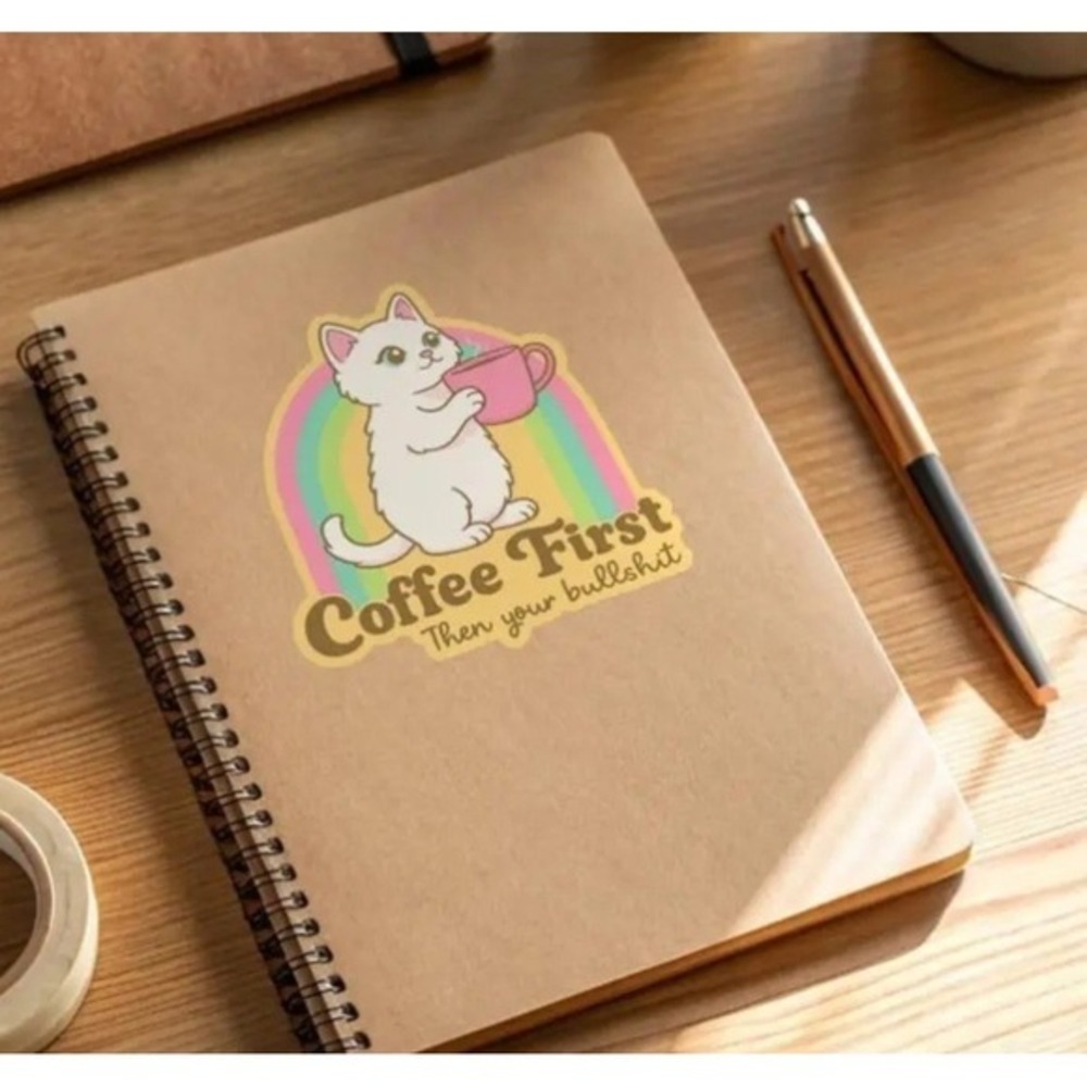 Coffee First Then Your Bullsh*t Cat Sticker Rainbow Vinyl Funny Sarcastic 3"